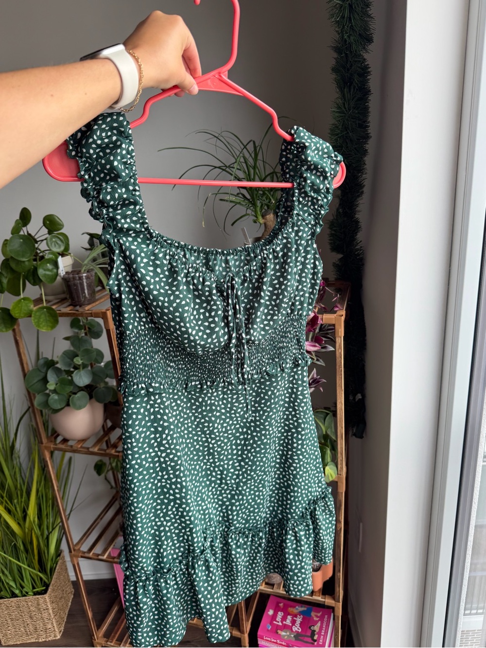 wild fable Green Smocked Mini Dress with White Dot Print